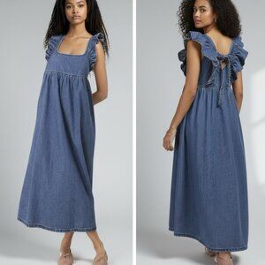 ASOS Denim Maxi Dress Blue Ruffle Bow Tie Back Womens Size 10